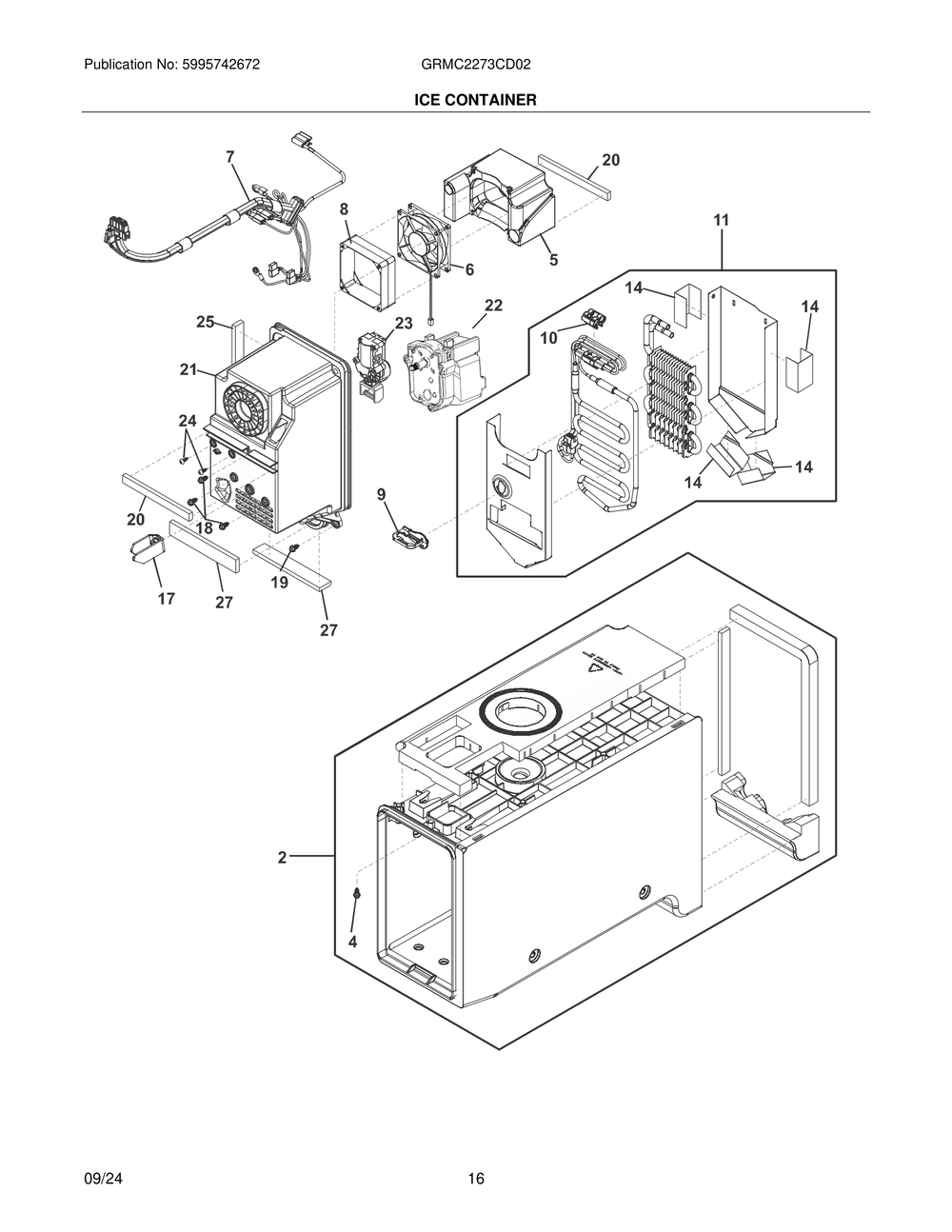 Ice Container Diagram and Parts List for GRMC2273CD02  Frigidaire Refrigerator
