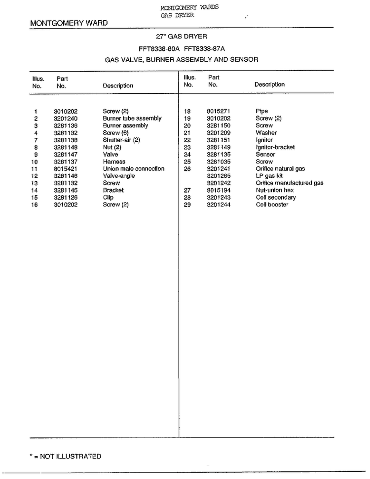 27` Gas Valve/burner/sensor Page 2 Diagram and Parts List for 8338A  Frigidaire Dryer