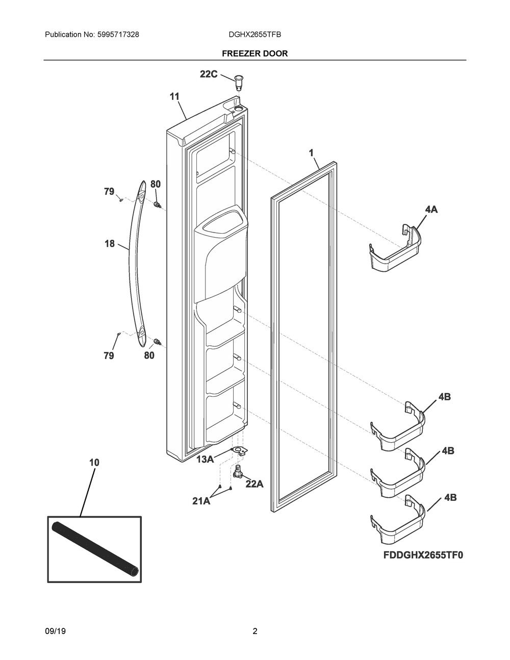 Freezer Door Diagram and Parts List for DGHX2655TFB  Frigidaire Refrigerator