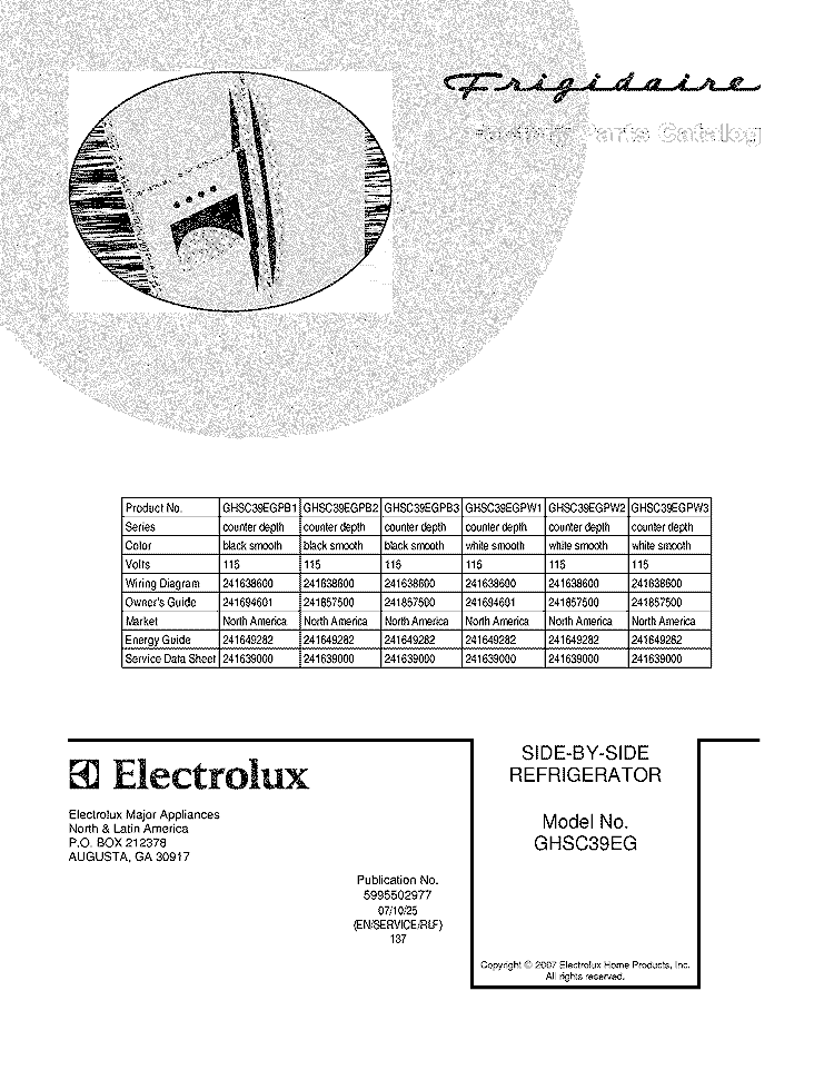 COVER Diagram and Parts List for GHSC39EGPB1  Frigidaire Refrigerator