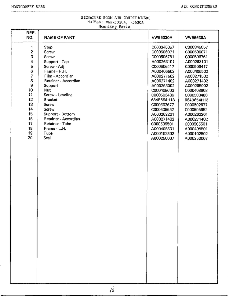 Mounting Page 2 Diagram and Parts List for 5330A  Frigidaire Air Conditioner