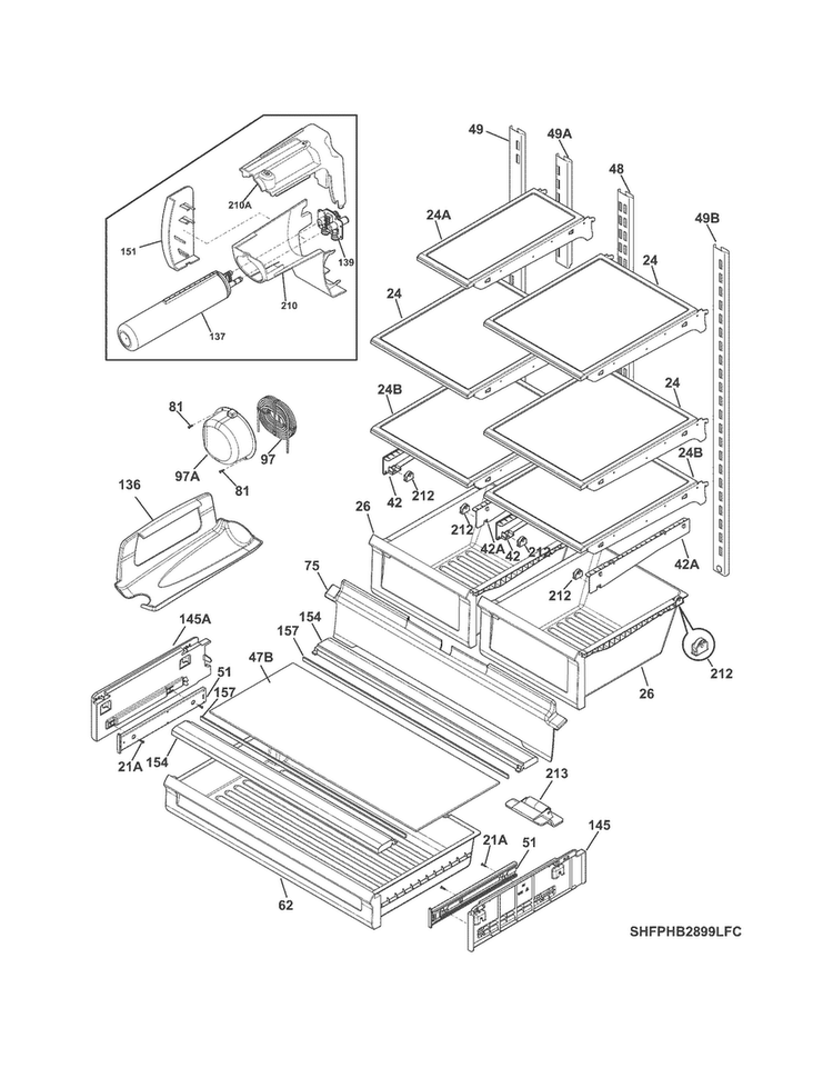 Shelves Diagram and Parts List for FPHB2899PF3  Frigidaire Refrigerator