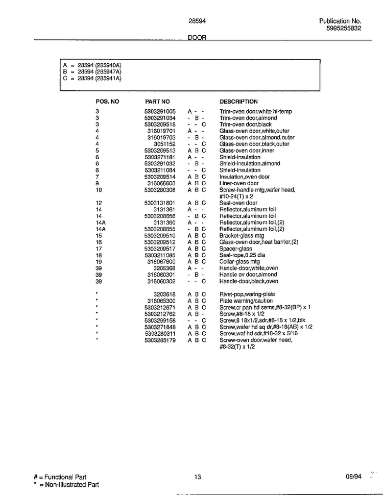 Door Page 2 Diagram and Parts List for 285947A  Frigidaire Range