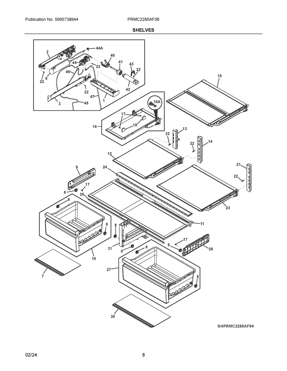 Shelves Diagram and Parts List for PRMC2285AF06  Frigidaire Refrigerator