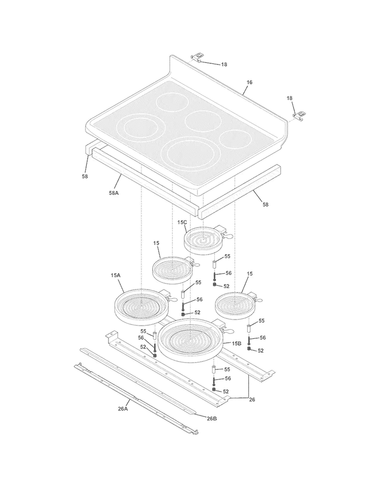 Main Top Diagram and Parts List for FGEF304DKFE  Frigidaire Range