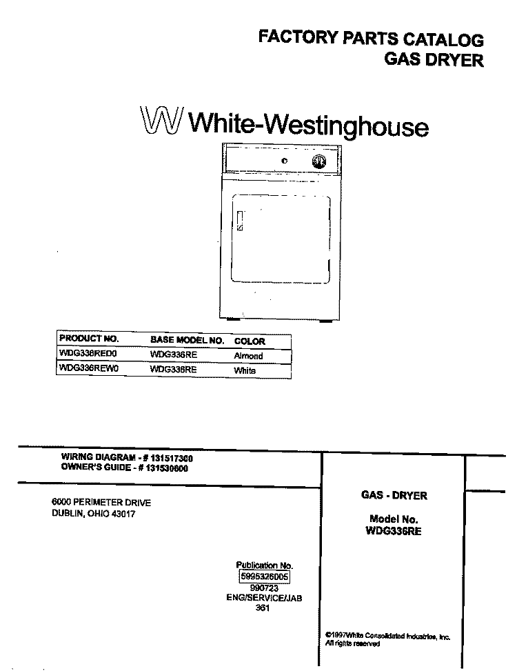 COVER Diagram and Parts List for WDG336RED0  Frigidaire Dryer