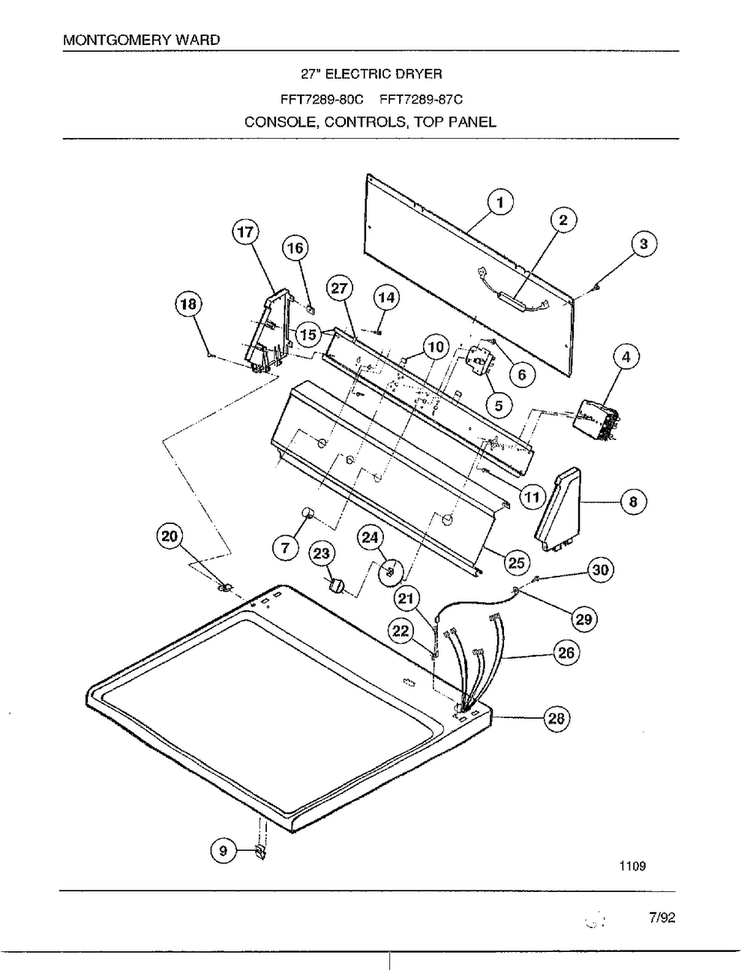Console, Controls, Top Panel Diagram and Parts List for 7289-87C  Frigidaire Dryer
