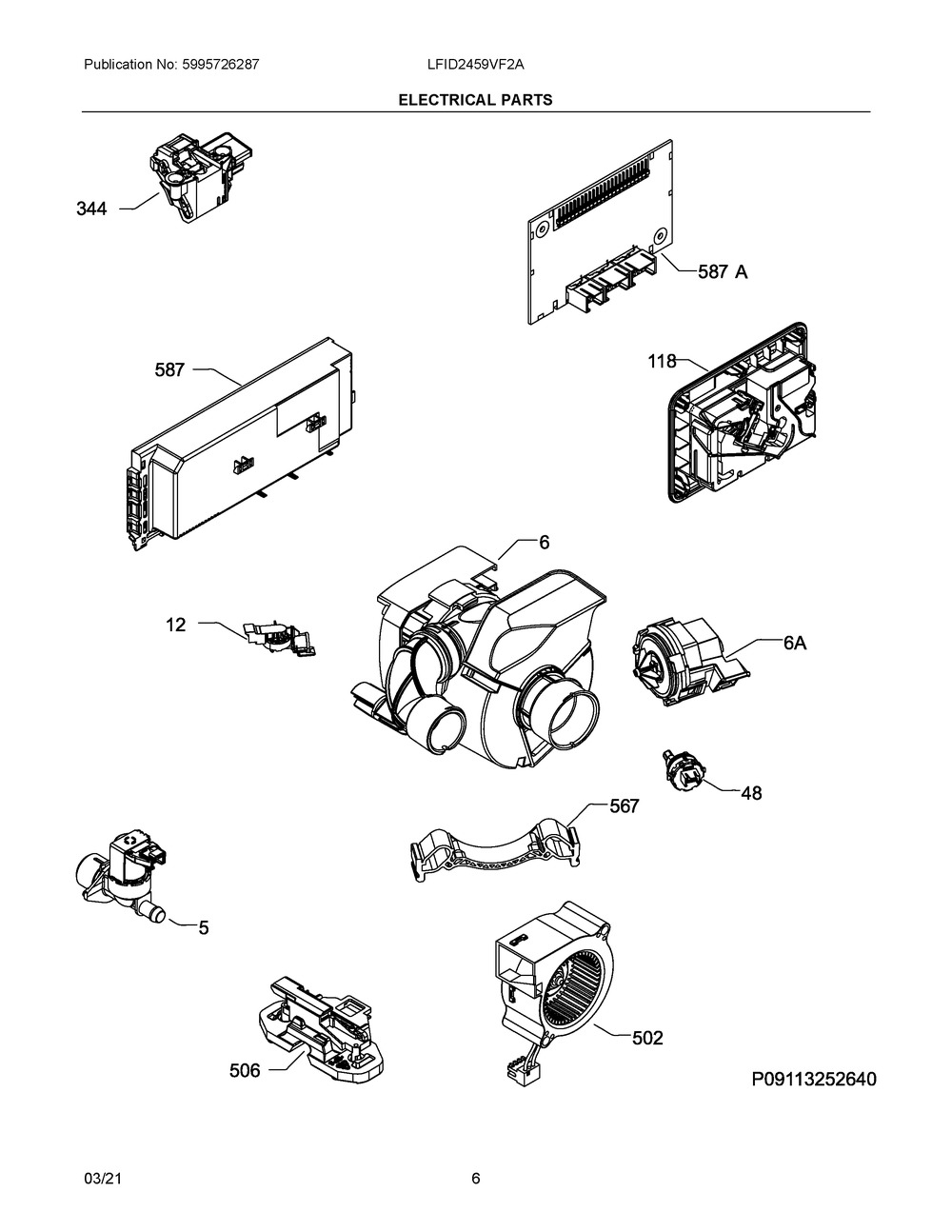 Electrical Parts Diagram and Parts List for LFID2459VF2A  Frigidaire Dishwasher