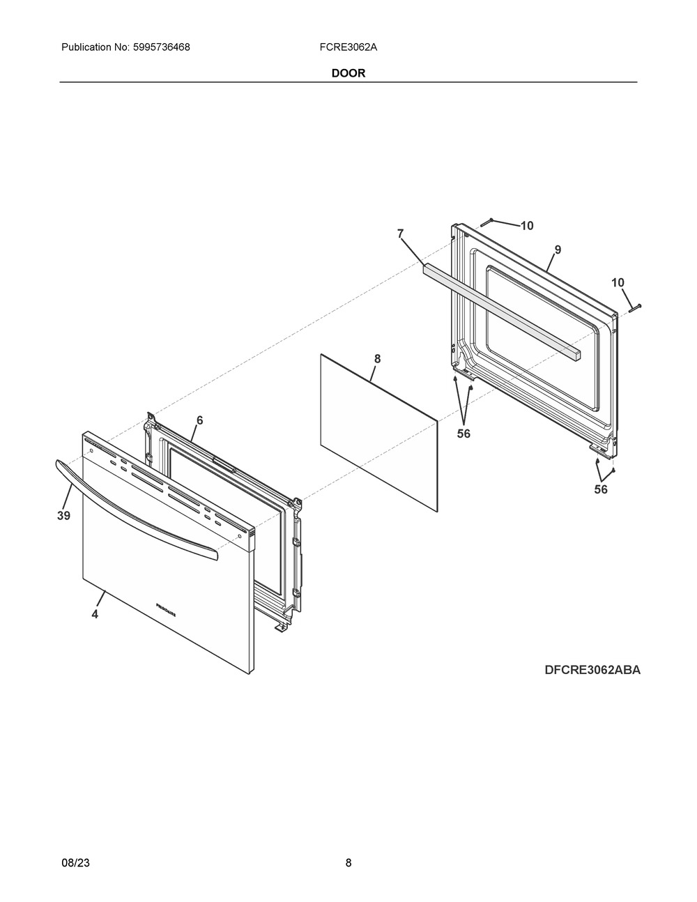 Door Diagram and Parts List for FCRE3062ABA  Frigidaire Range