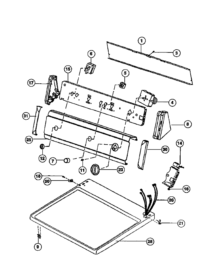 CONTROL PANEL, TOP PANEL Diagram and Parts List for FDG436RBS1  Frigidaire Dryer