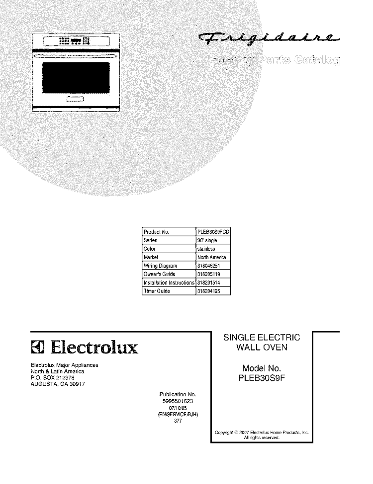 COVER Diagram and Parts List for PLEB30S9FCD  Frigidaire Wall Oven