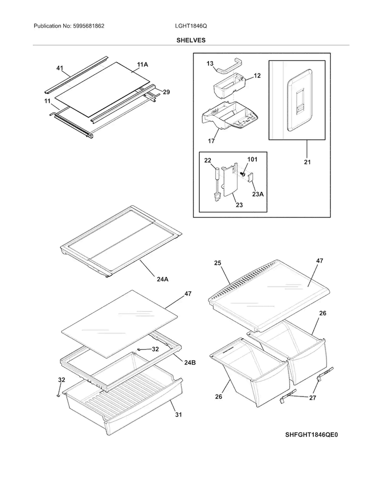 Shelves Diagram and Parts List for LGHT1846QF4  Frigidaire Refrigerator