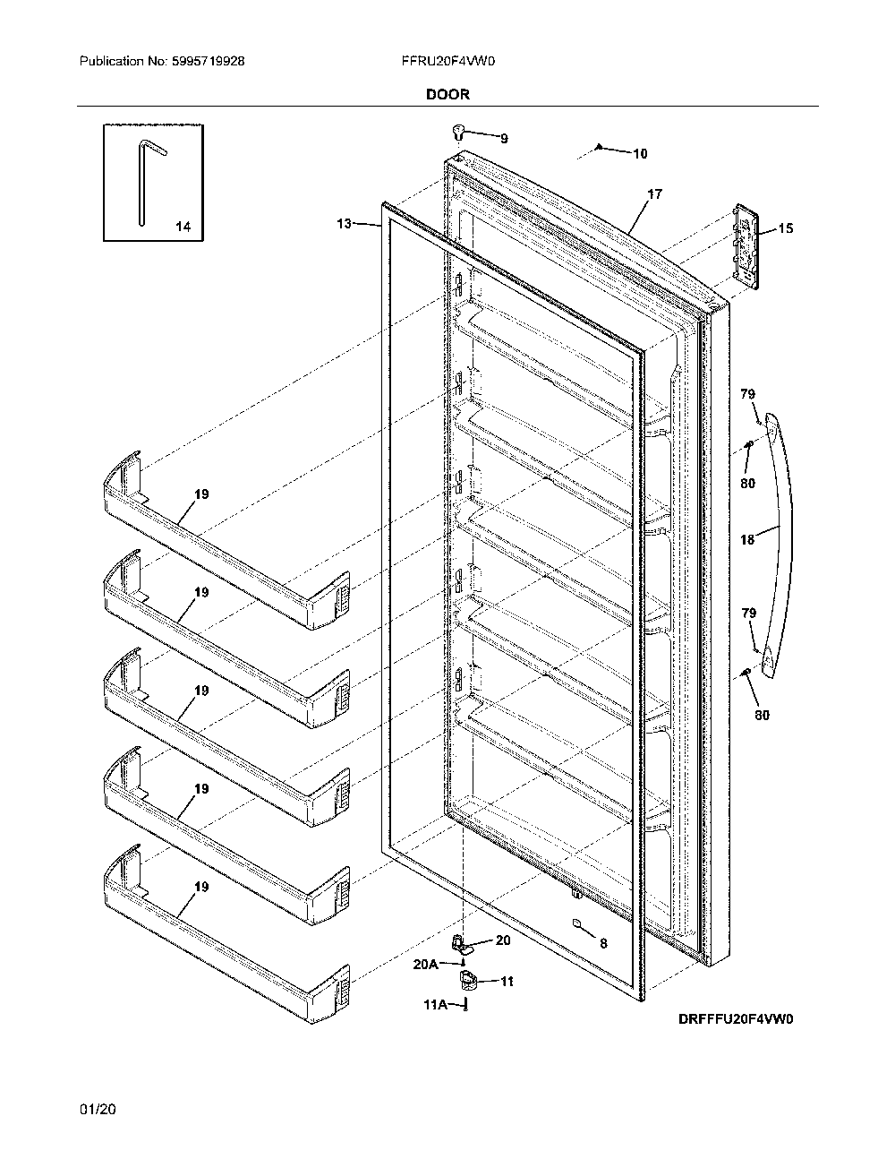 Door Diagram and Parts List for FFRU20F4VW0  Frigidaire Refrigerator