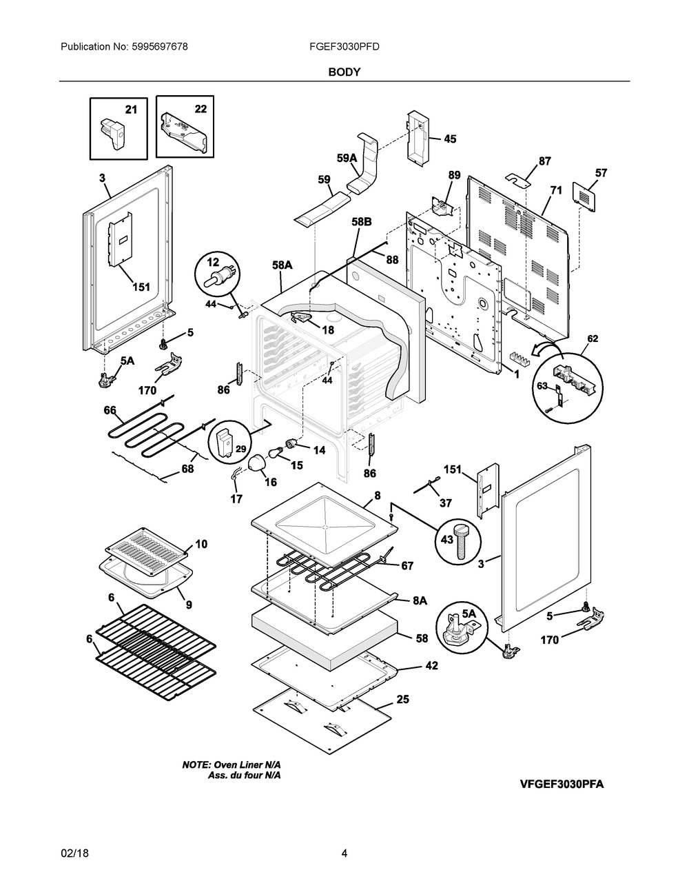 Body Diagram and Parts List for FGEF3030PFD  Frigidaire Range