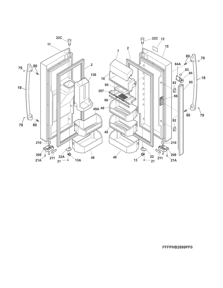 Fresh Food Doors Diagram and Parts List for FPHB2899PF4  Frigidaire Refrigerator