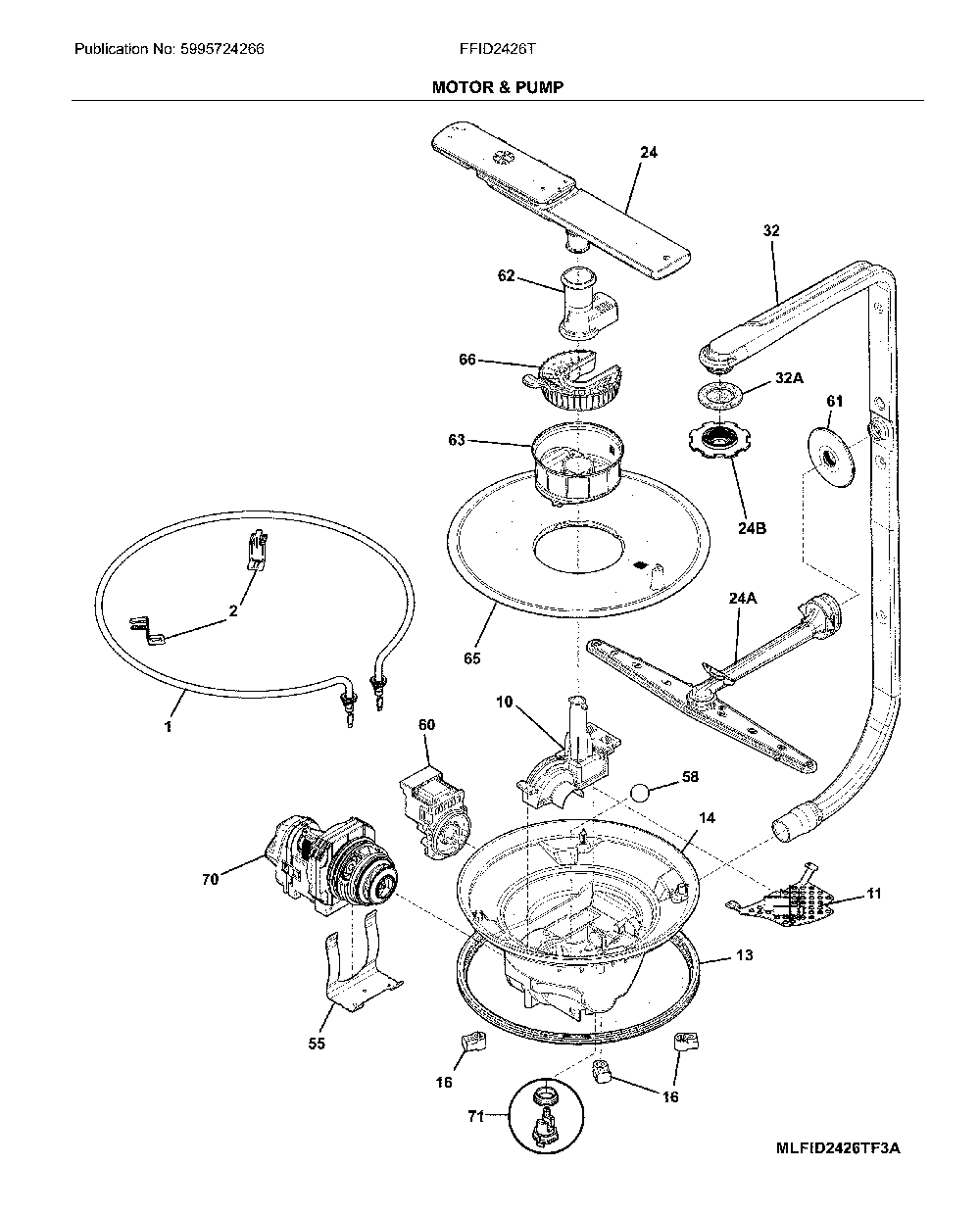 Motor & pump Diagram and Parts List for FFID2426TB3A  Frigidaire Dishwasher