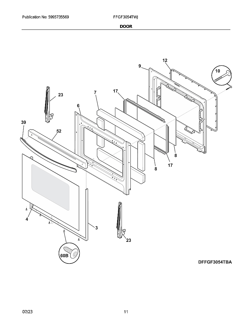 Door Diagram and Parts List for FFGF3054TWJ  Frigidaire Range
