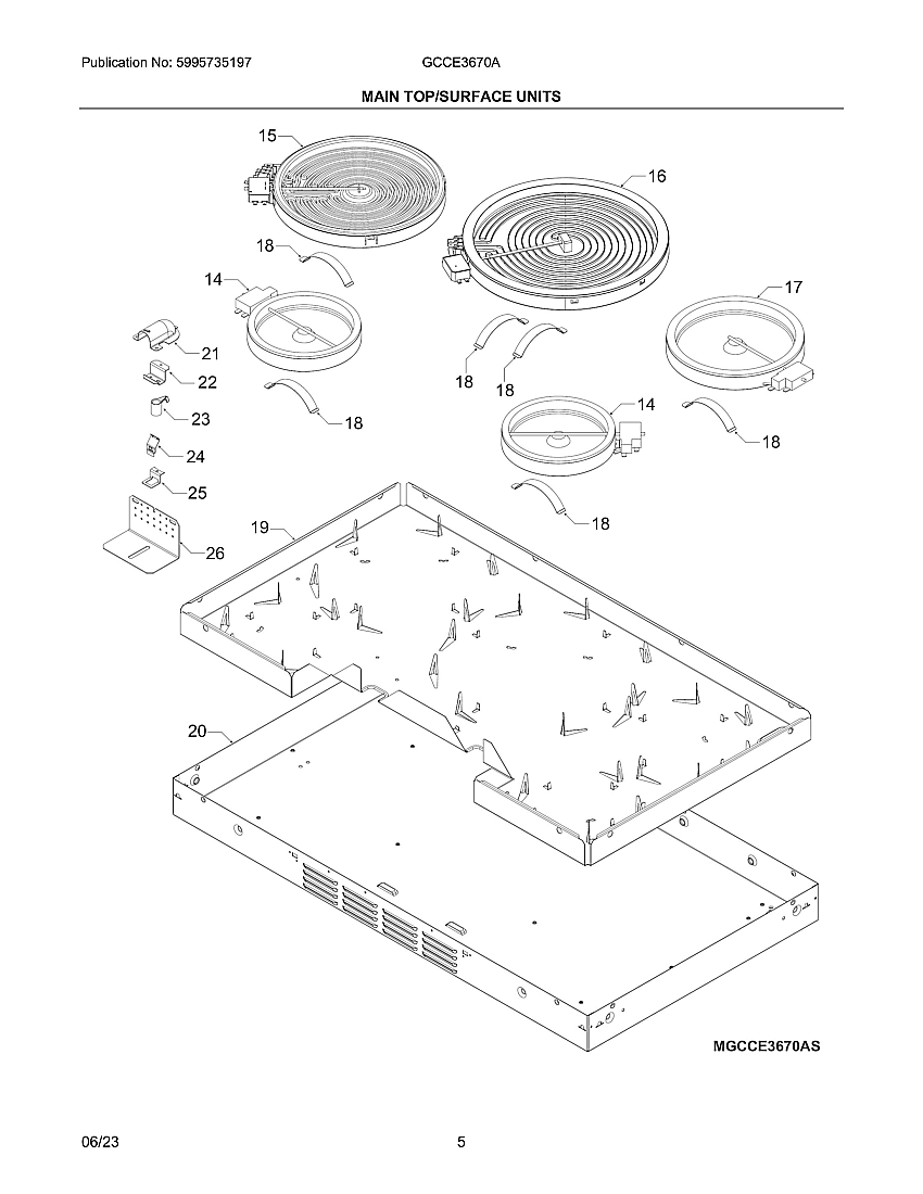 Maintop/Surface Units Diagram and Parts List for GCCE3670AS  Electrolux Cooktop