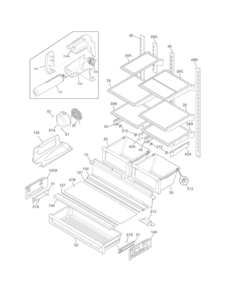 Shelves Diagram and Parts List for DGHF2360PF0  Frigidaire Refrigerator