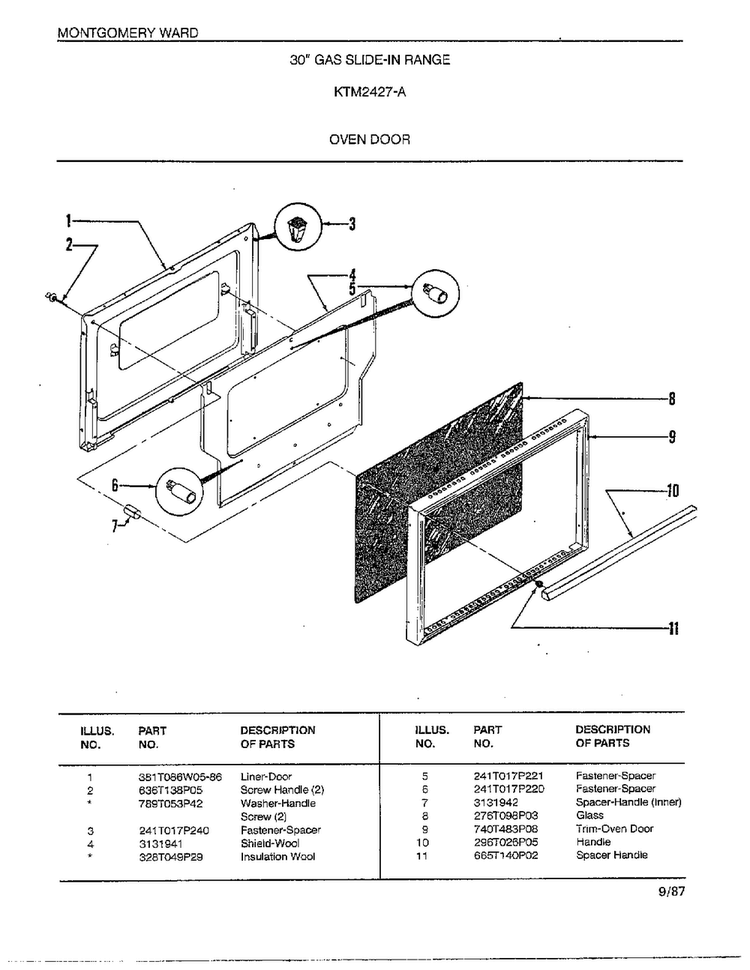 Oven Door Diagram and Parts List for 2427A  Frigidaire Range