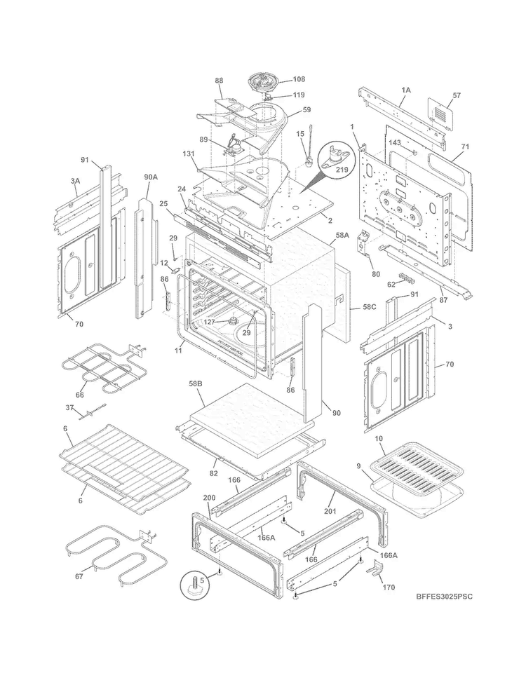 Body Diagram and Parts List for FFES3025PSC  Frigidaire Range