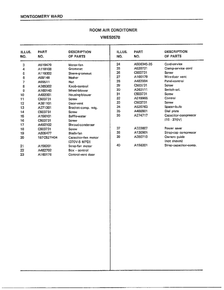 Room Air Conditioner Page 4 Diagram and Parts List for 5057B  Frigidaire Air Conditioner
