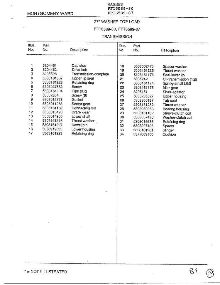 Transmission Page 2 Diagram and Parts List for 6589-80  Frigidaire Washer