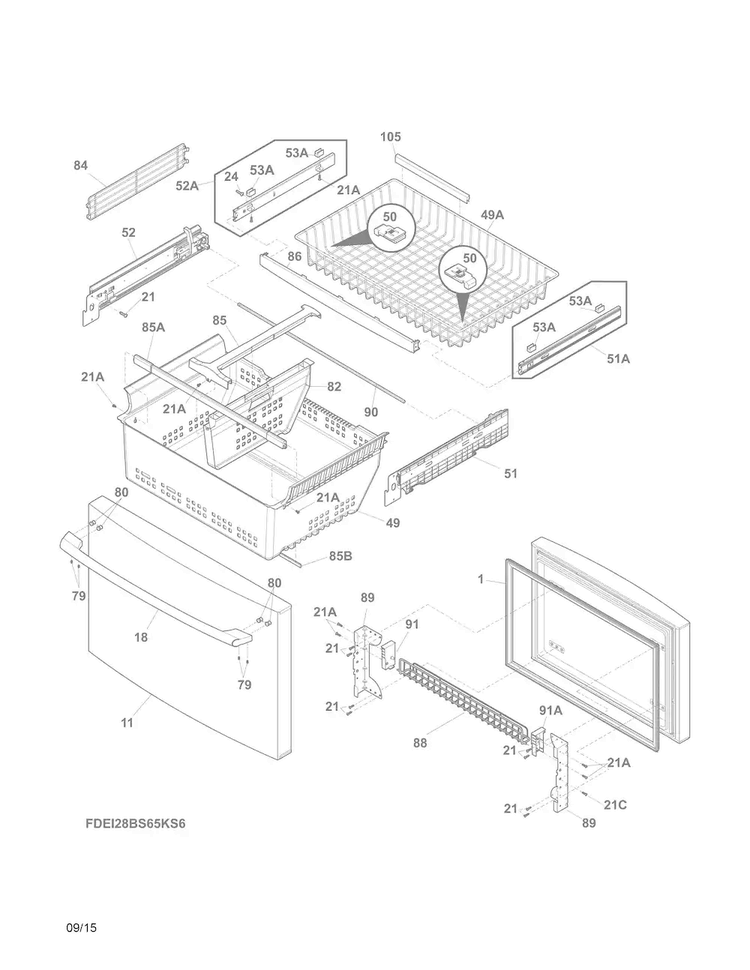 Freezer Drawer, Baskets Diagram and Parts List for EI28BS65KS9  Electrolux Refrigerator