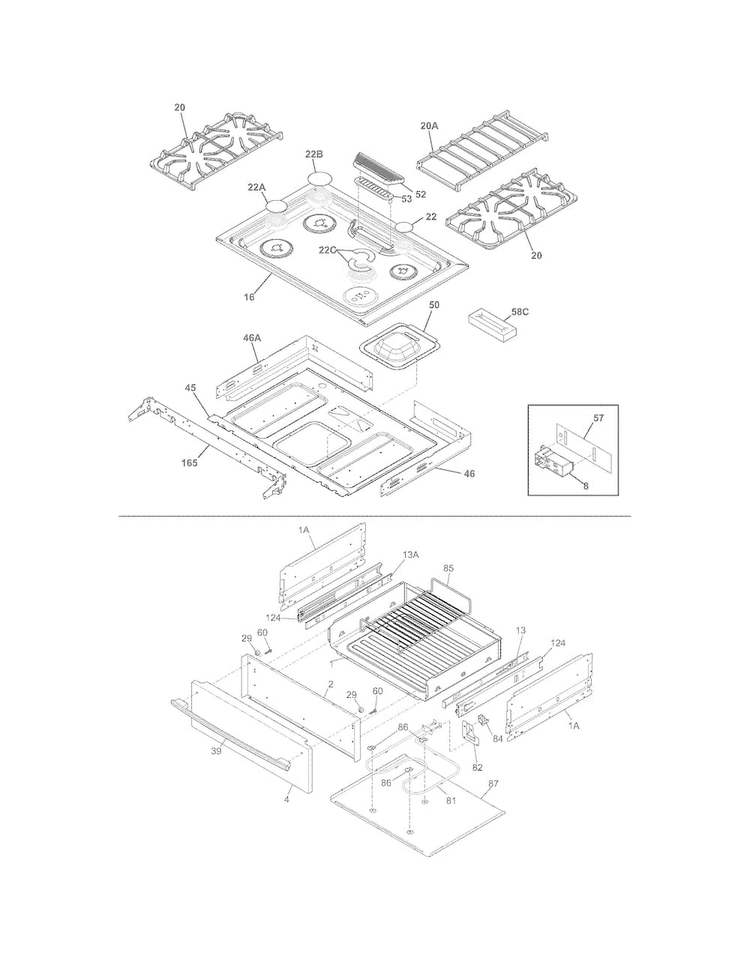 Top/drawer Diagram and Parts List for FPGS3085PFA  Frigidaire Range
