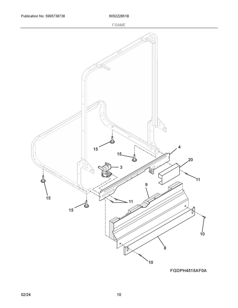 Frame Diagram and Parts List for 605222851B  Frigidaire Dishwasher