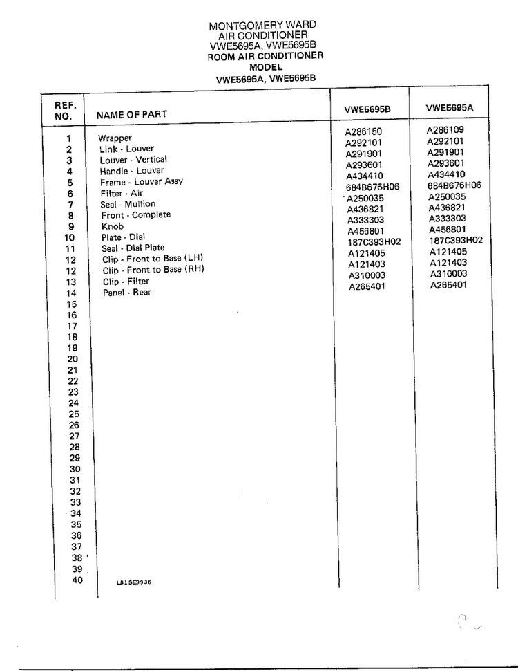 Room Air Conditioner Page 2 Diagram and Parts List for 5695A  Frigidaire Air Conditioner