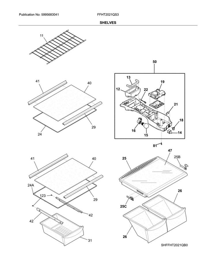 Shelves Diagram and Parts List for FFHT2021QS3  Frigidaire Refrigerator