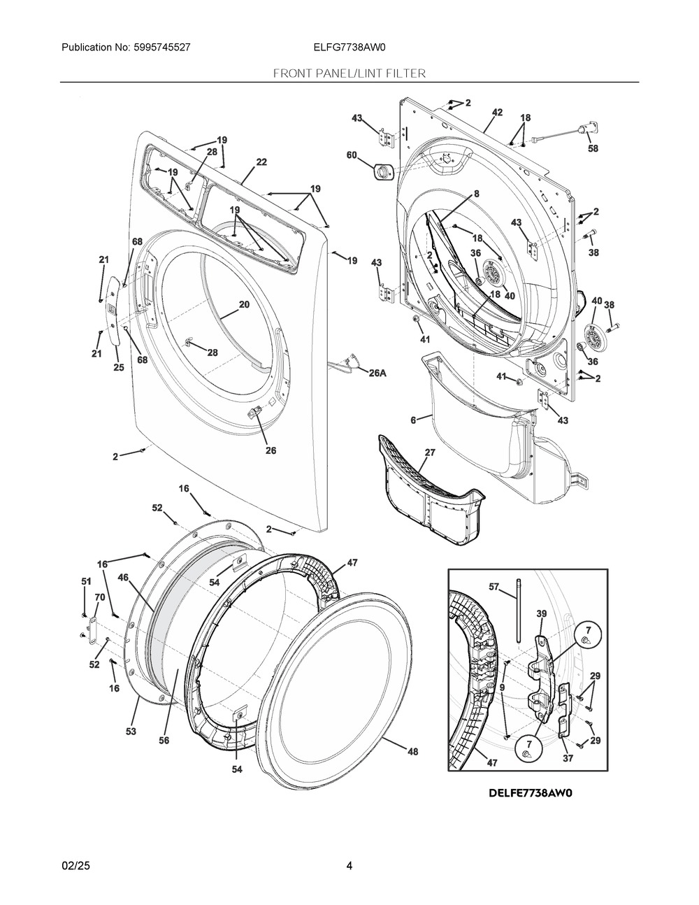 Front Panel/Lint Filter Diagram and Parts List for ELFG7738AW0  Frigidaire Dryer