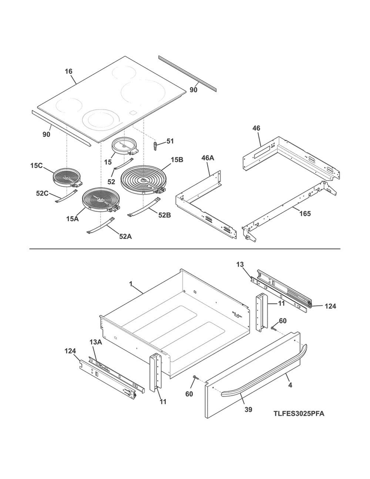 Top/drawer Diagram and Parts List for FFES3025PSG  Frigidaire Range