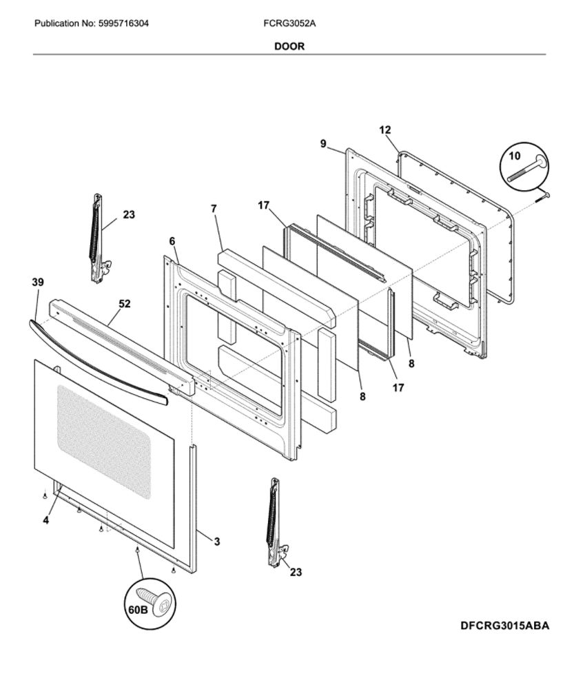 Door Diagram and Parts List for FCRG3052ABA  Frigidaire Range