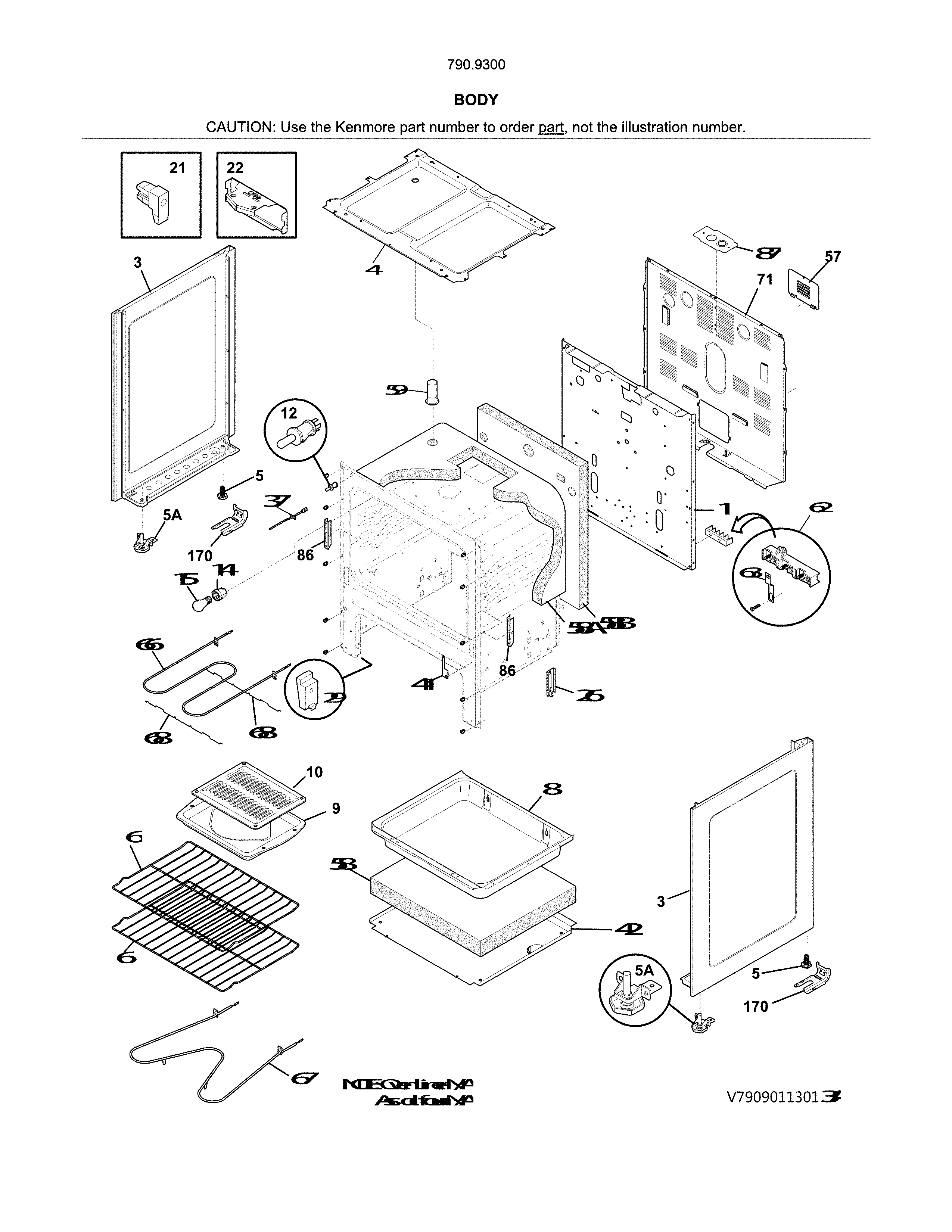 Body Diagram and Parts List for 79093002313  Kenmore Range