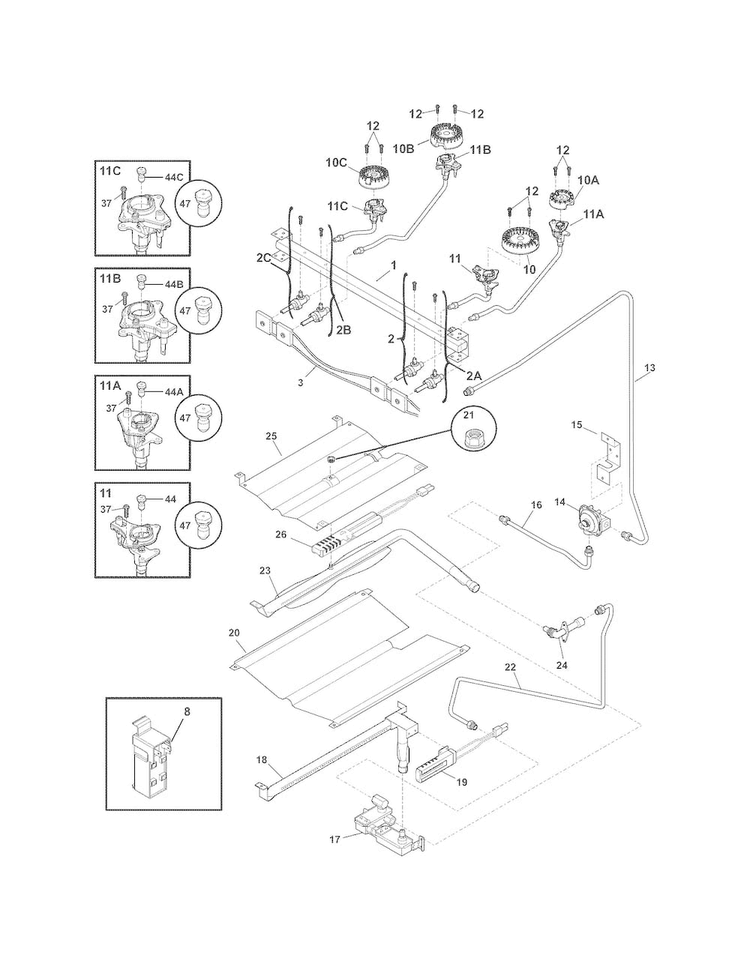 Burner Diagram and Parts List for FFGF3027LWC  Frigidaire Range
