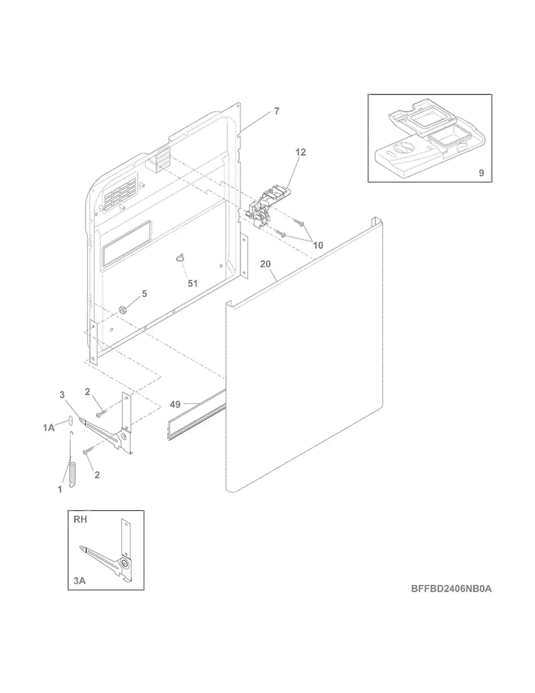 Door Diagram and Parts List for FBD2400KB7B  Frigidaire Dishwasher
