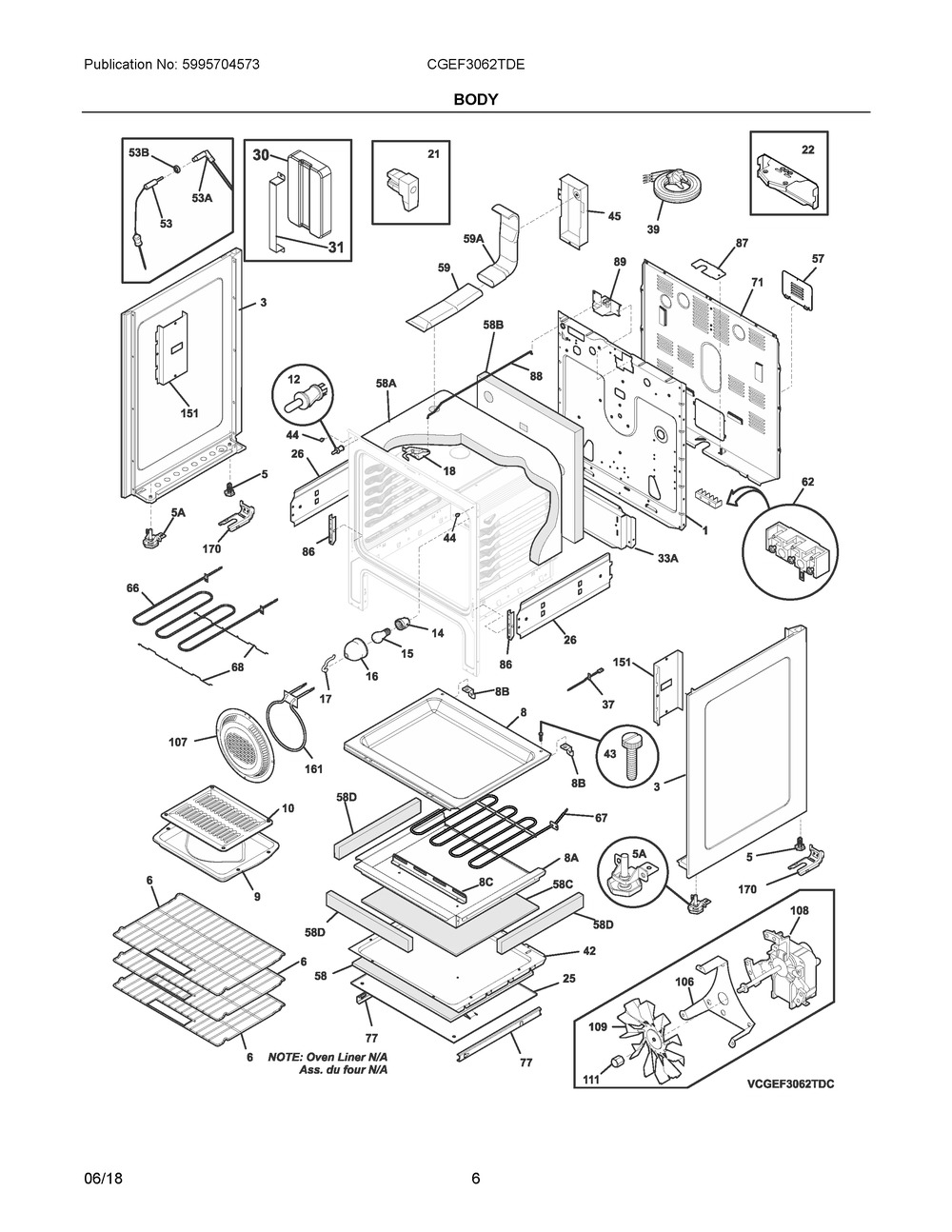 Body Diagram and Parts List for CGEF3062TDE  Frigidaire Range