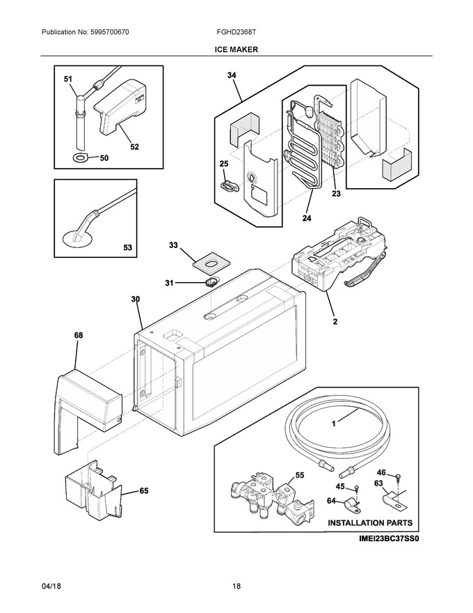 Ice Maker Diagram and Parts List for FGHD2368TF0  Frigidaire Refrigerator