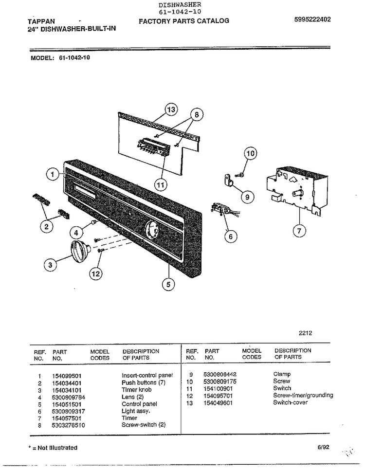24" Built-in Dishwasher Diagram and Parts List for 61-1042-10  Tappan Dishwasher