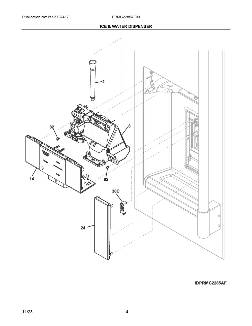 Ice And Water Dispenser Diagram and Parts List for PRMC2285AF00  Frigidaire Refrigerator