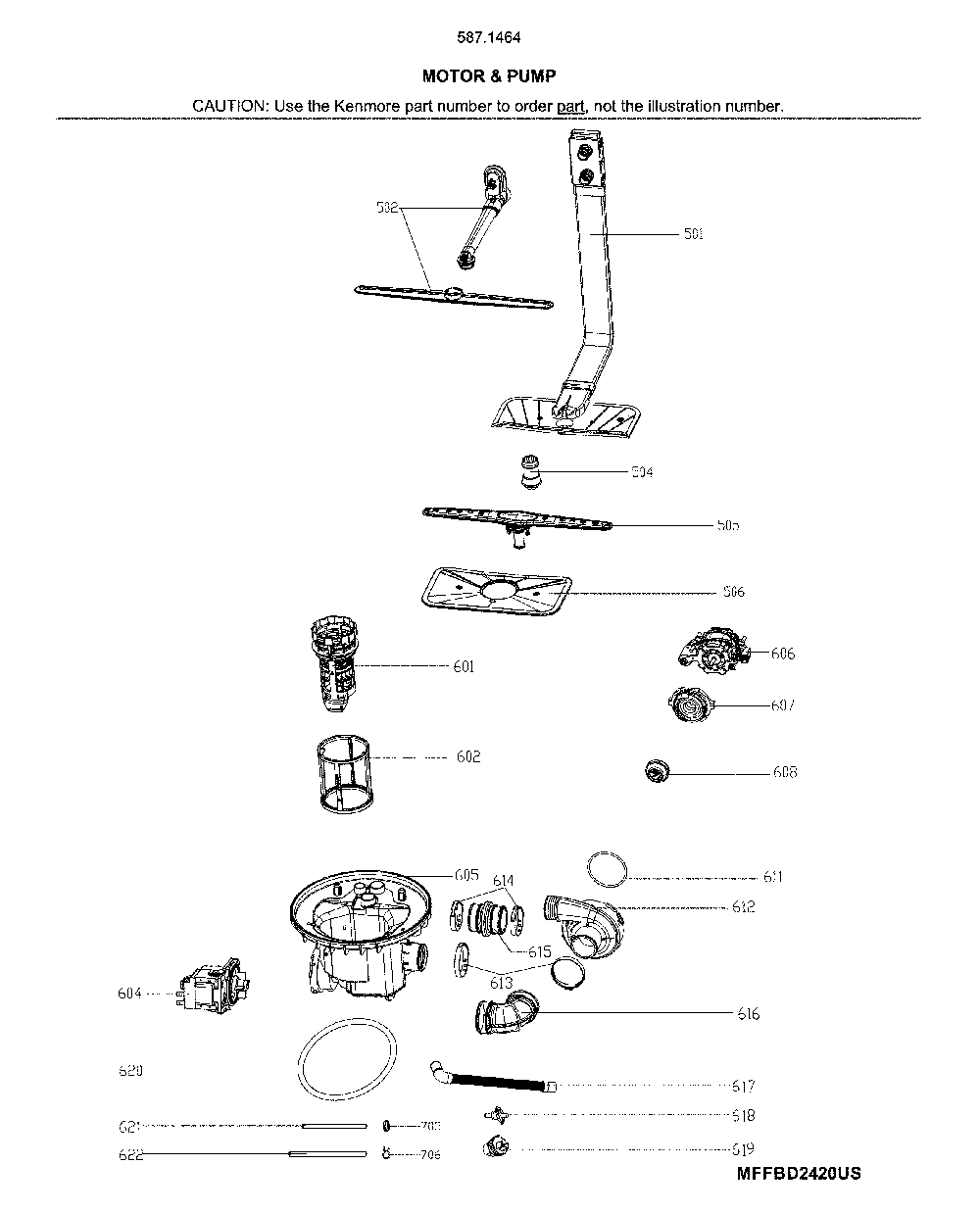 Motor & pump Diagram and Parts List for 58714649J01B  Kenmore Dishwasher
