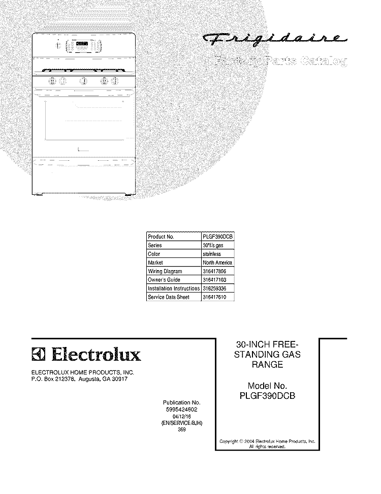 COVER Diagram and Parts List for PLGF390DCB  Frigidaire Range