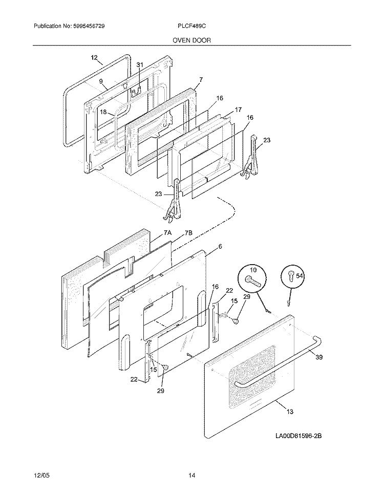 OVEN DOOR Diagram and Parts List for PLCF489CCF  Frigidaire Range