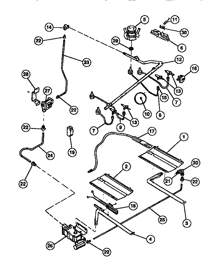 BURNER, MANIFOLD AND GAS CONTROL Diagram and Parts List for 30-3989-00-02  Tappan Range