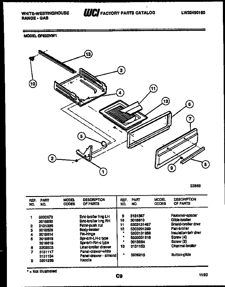 BROILER DRAWER PARTS Diagram and Parts List for GF620ND1  Frigidaire Range