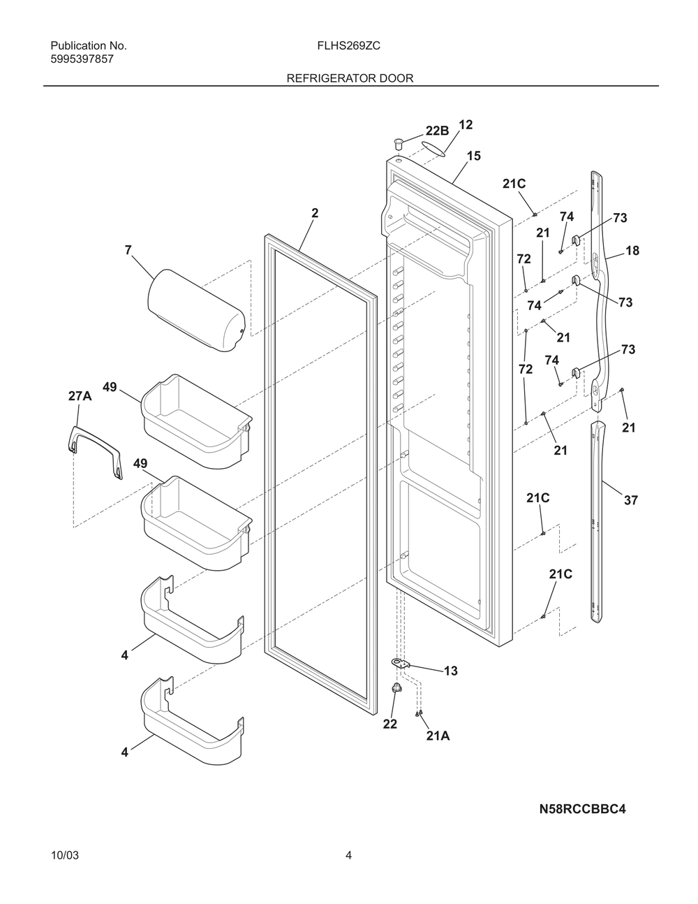Refrigerator Door Diagram and Parts List for FLHS269ZCW1  Frigidaire Refrigerator