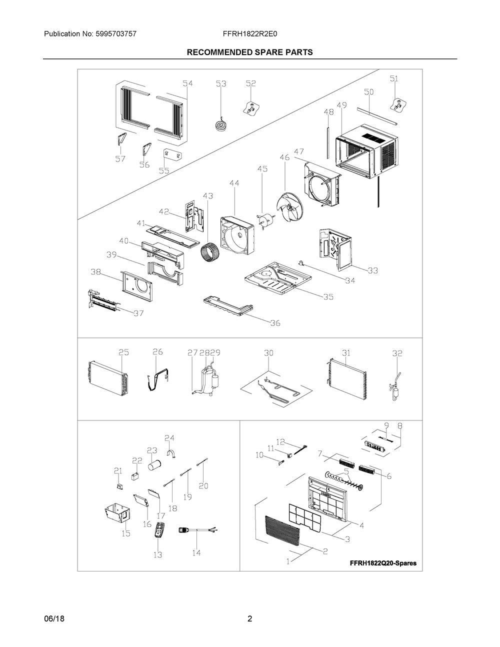 Recommended Spare Parts Diagram and Parts List for FFRH1822R2E0  Frigidaire Air Conditioner