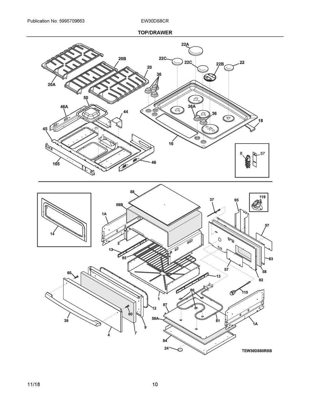 Top/drawer Diagram and Parts List for EW30DS8CRSE  Frigidaire Range